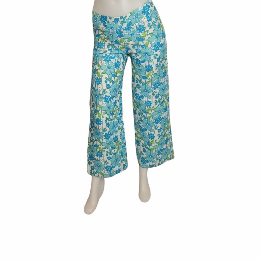 ANNI‎ KUAN retro blue floral mid rise wide leg crop pant 2/XS